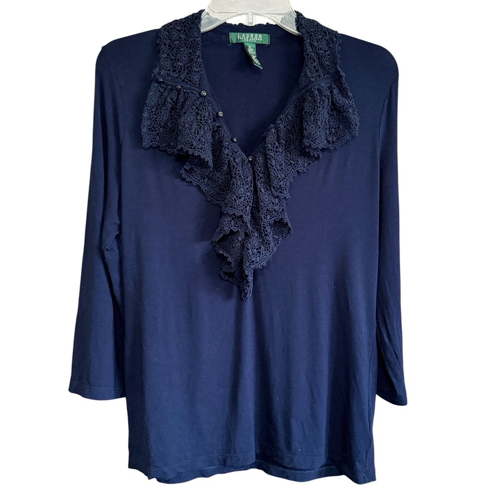 Lauren Ralph Lauren Petite Navy Blue Ruffle Lace Collar 3/4 Sleeve Top PL